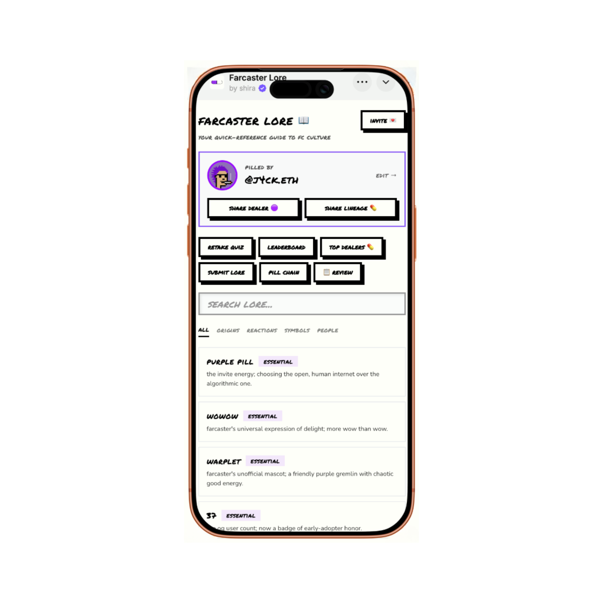 Lore Mini App interface
